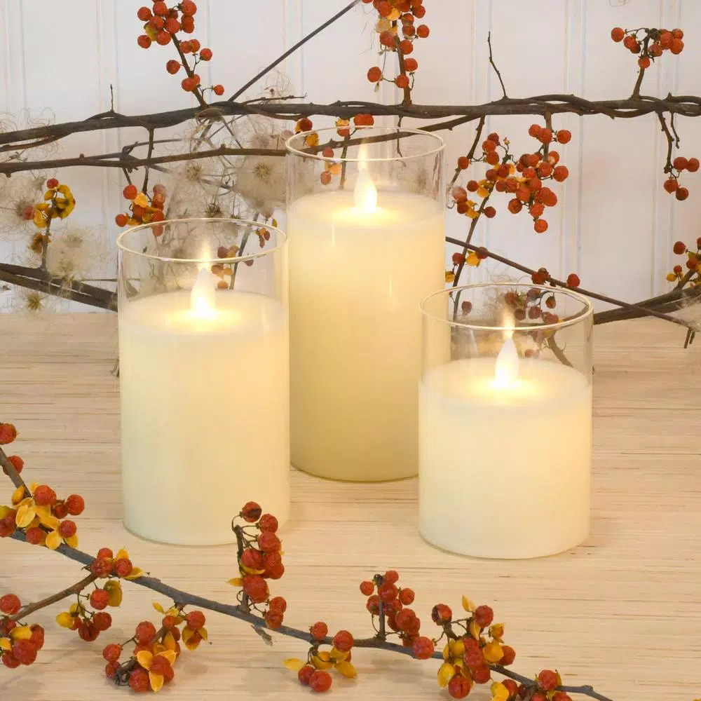 LUMABASE Set of 3 Battery Operated Glass Hurricane LED Candles with Moving Flame