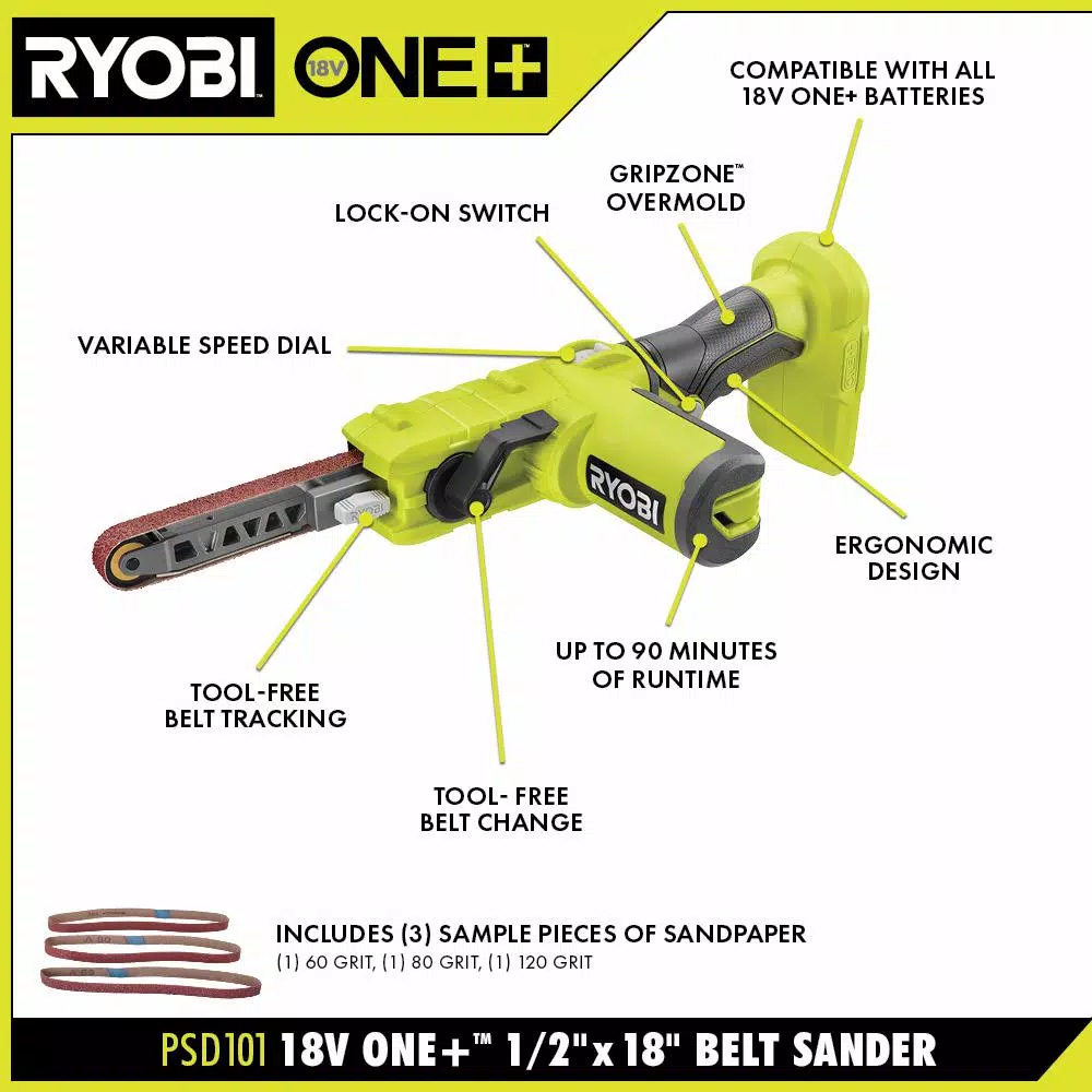 RYOBI 18V ONE+ Cordless 1/2 in. x 18 in. Belt Sander (Tool Only)