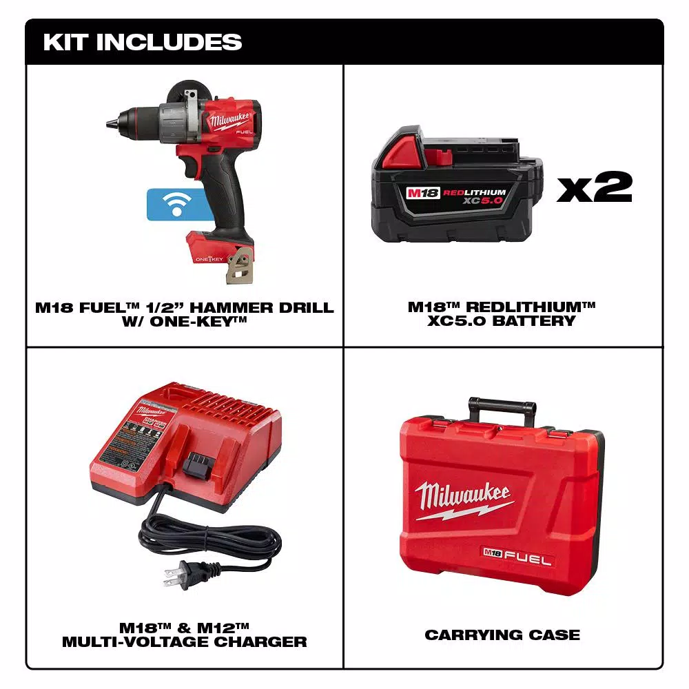 Milwaukee M18 FUEL ONE-KEY 1/2 in. Brushless Hammer Drill/Driver Kit with (2) 5.0 Ah Batteries