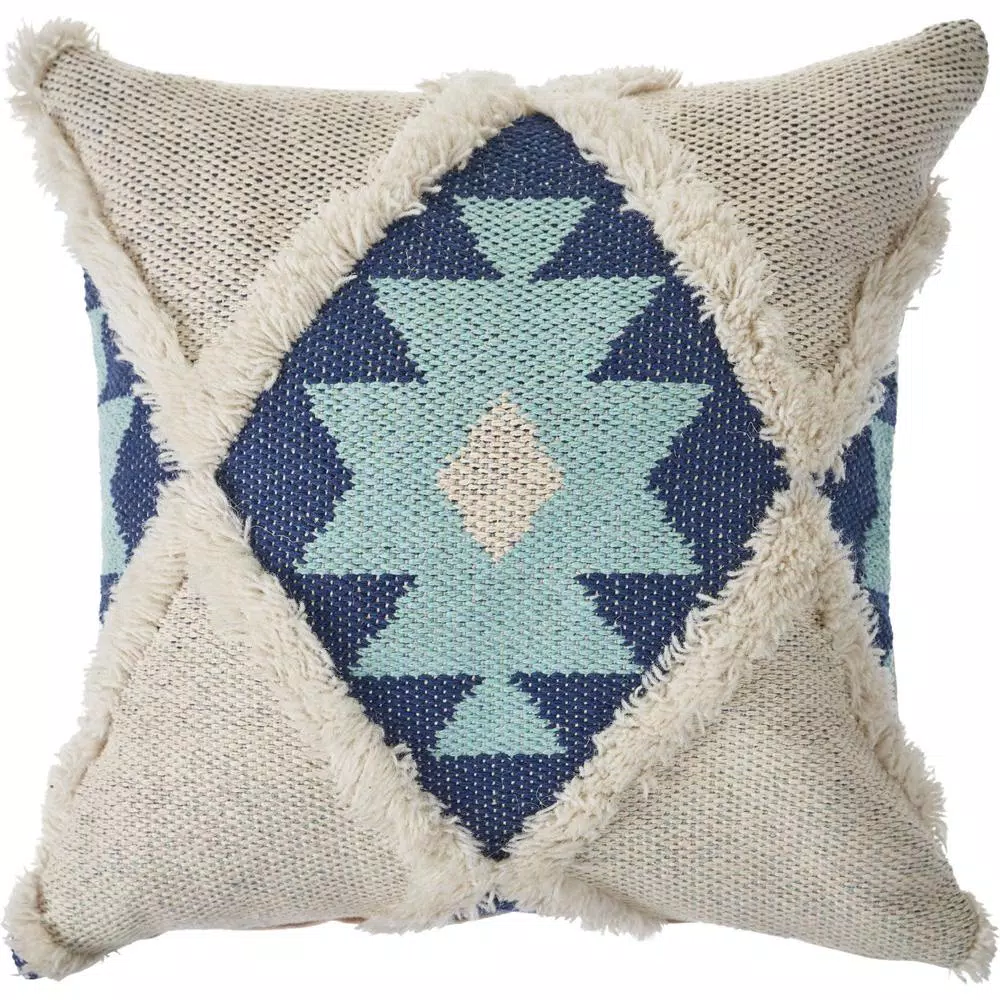 LR Home 20x20 Off White and Blue Tufted Geometric Throw Pillow - Southwestern Winter Paradise