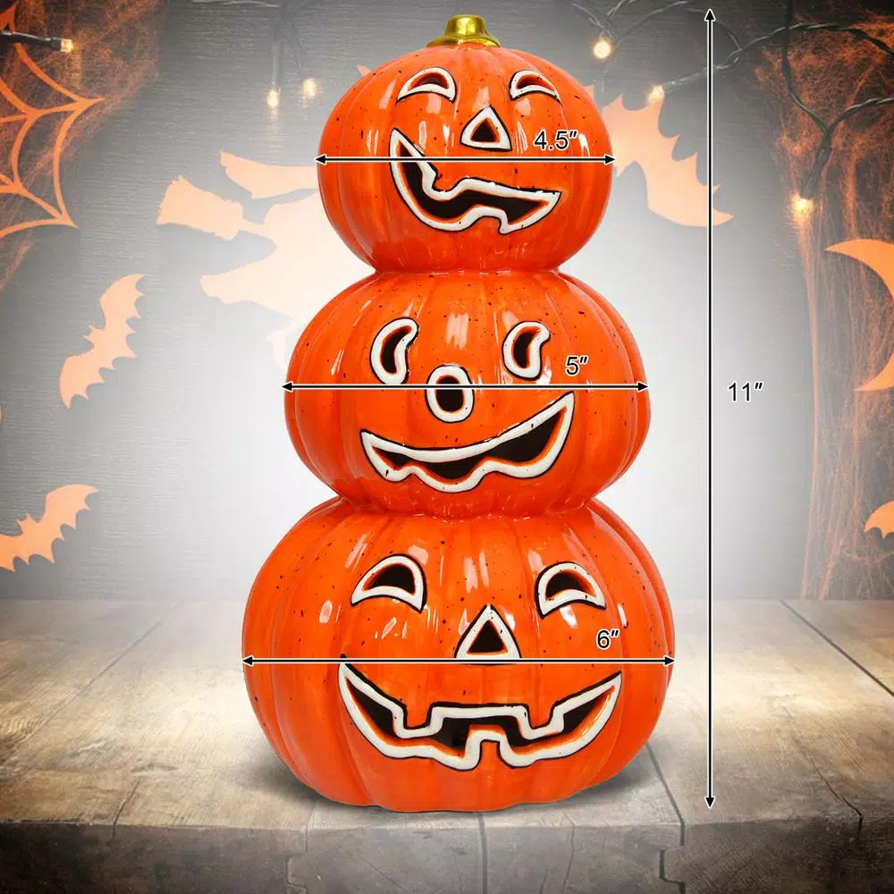 Costway 11 in. Orange Ceramic LED Halloween Pumpkin Lantern, Battery Powered Tabletop Decor