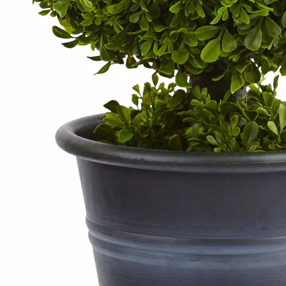 Nearly Natural 23 in. Faux Boxwood Ball Topiary with Gray Planter