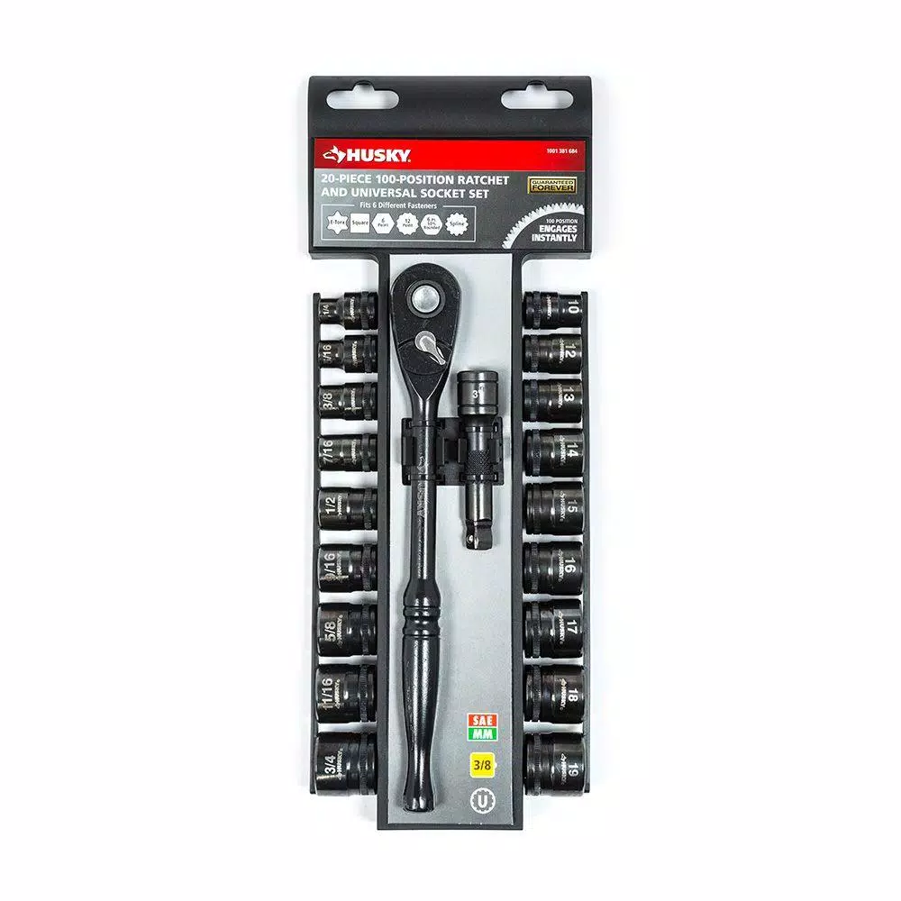 Husky 20-Piece 3/8 in. Drive 100-Position Ratchet and Universal Socket Wrench Set, SAE/Metric