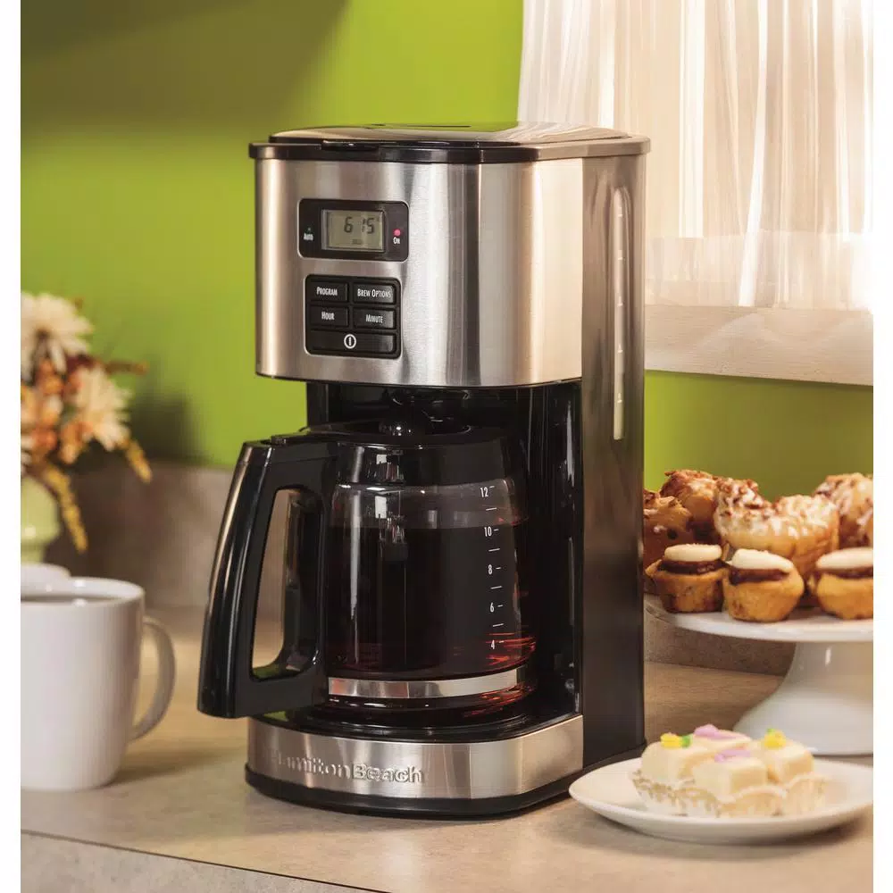 Hamilton Beach 12-Cup Programmable Drip Coffee Maker with Bold Brew Setting, Black and Stainless Steel