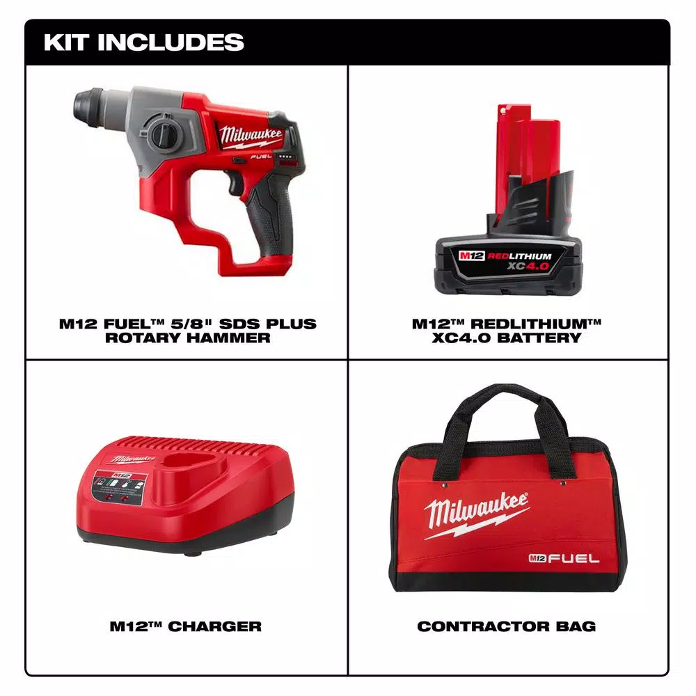 Milwaukee M12 FUEL 12V SDS-Plus Cordless Rotary Hammer Kit with 4.0 Ah Battery and Charger