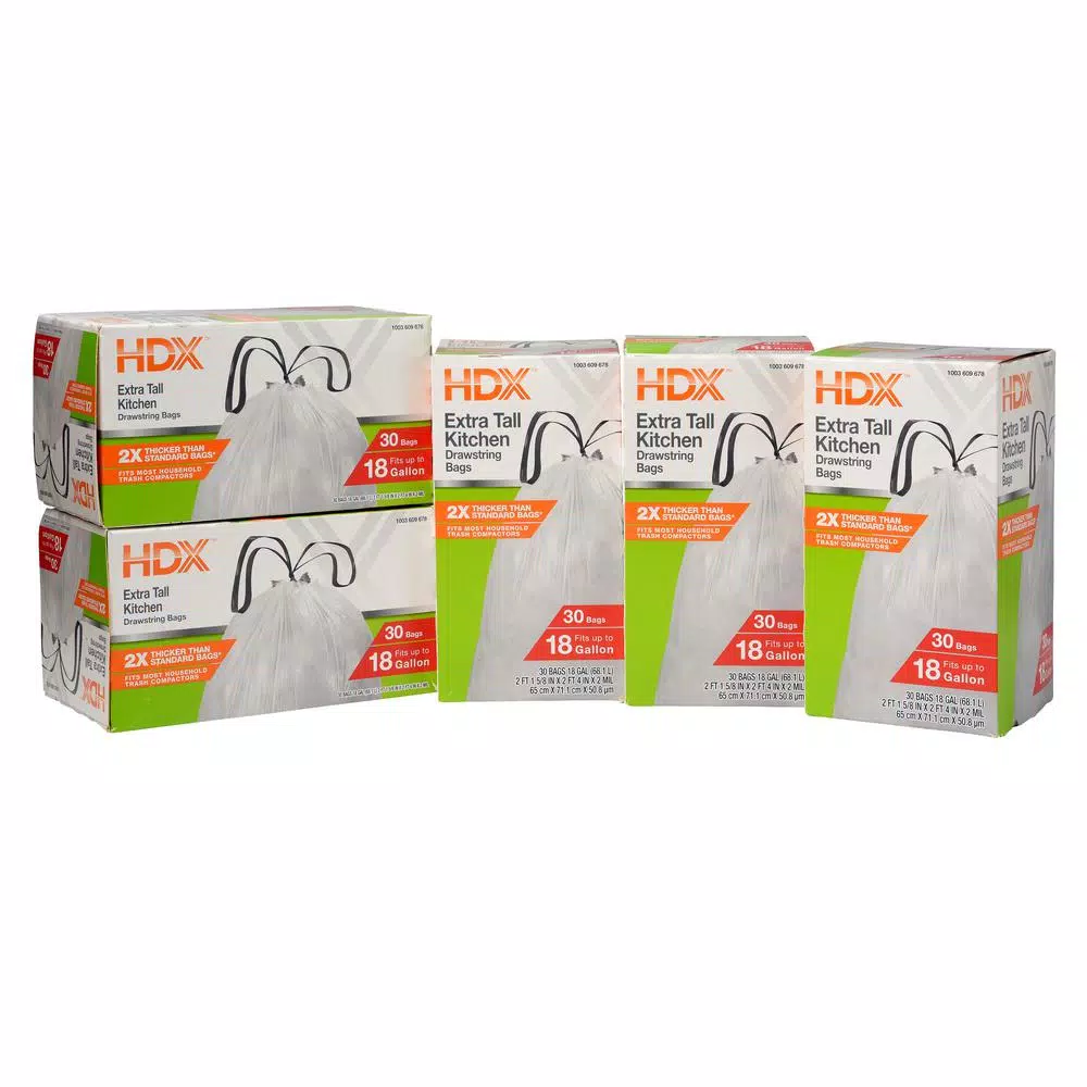 HDX 18 Gal. White Kitchen and Compactor Drawstring Trash Bags, 150-Count
