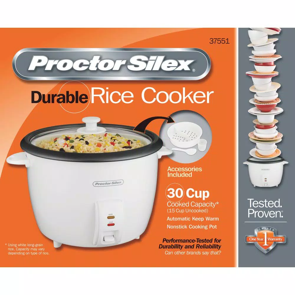 Proctor Silex 30-Cup White Rice Cooker with Steaming Basket and Keep Warm Function