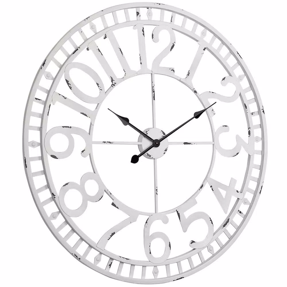 Utopia Alley Manhattan Industrial 32" Oversized Wall Clock, White Distressed Metal, Analog Quartz Movement