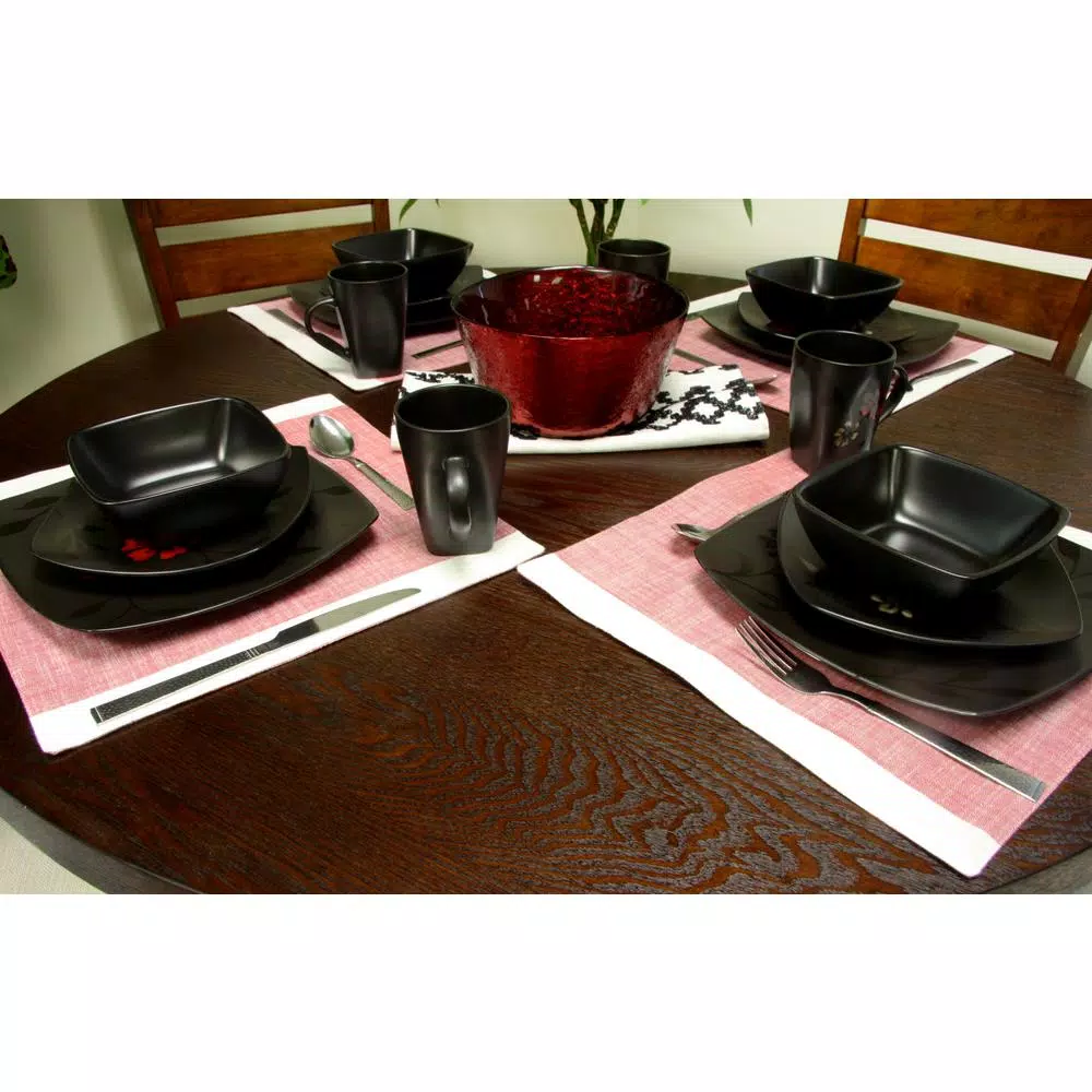 Gibson Elite Evening Blossom 16-Piece Black Stoneware Dinnerware Set, Service for 4