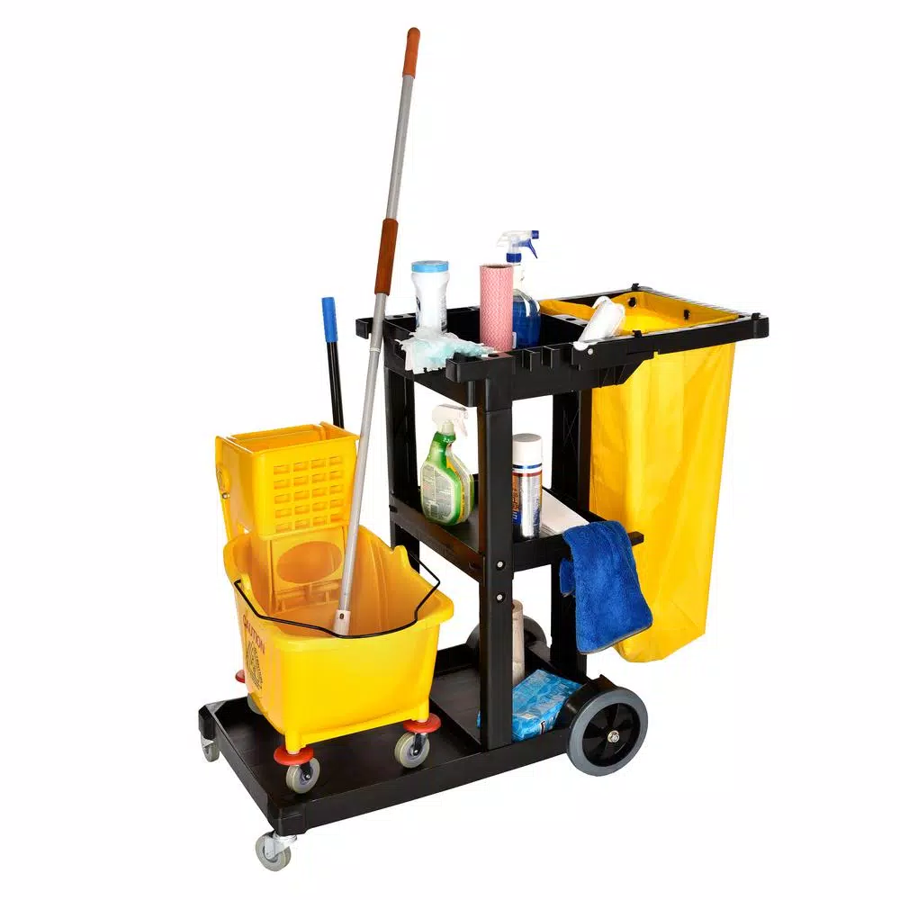 Alpine Industries 3-Shelf Janitorial Cleaning Cart with 18.5 Gal Vinyl Bag