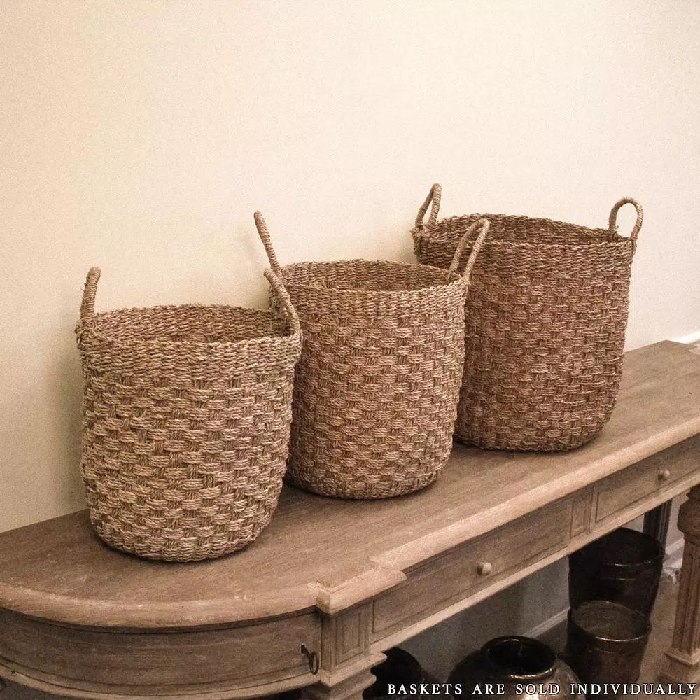 Zentique Hand Woven Cylindrical Seagrass and Palm Leaf Small Decorative Basket with Handles