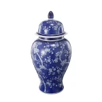 Benjara Blue and White Ceramic Ginger Jar with Petite Flower Design and Lid thumbnail 1