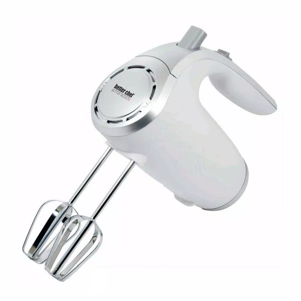 Better Chef 150-Watt 5-Speed Hand Mixer with Stainless Steel Beaters and Dough Hooks, White