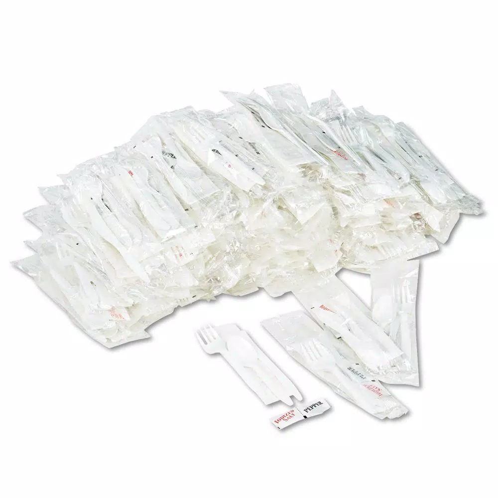 GEN White Wrapped Cutlery Kit with Napkin, Salt & Pepper - 250 Count Case