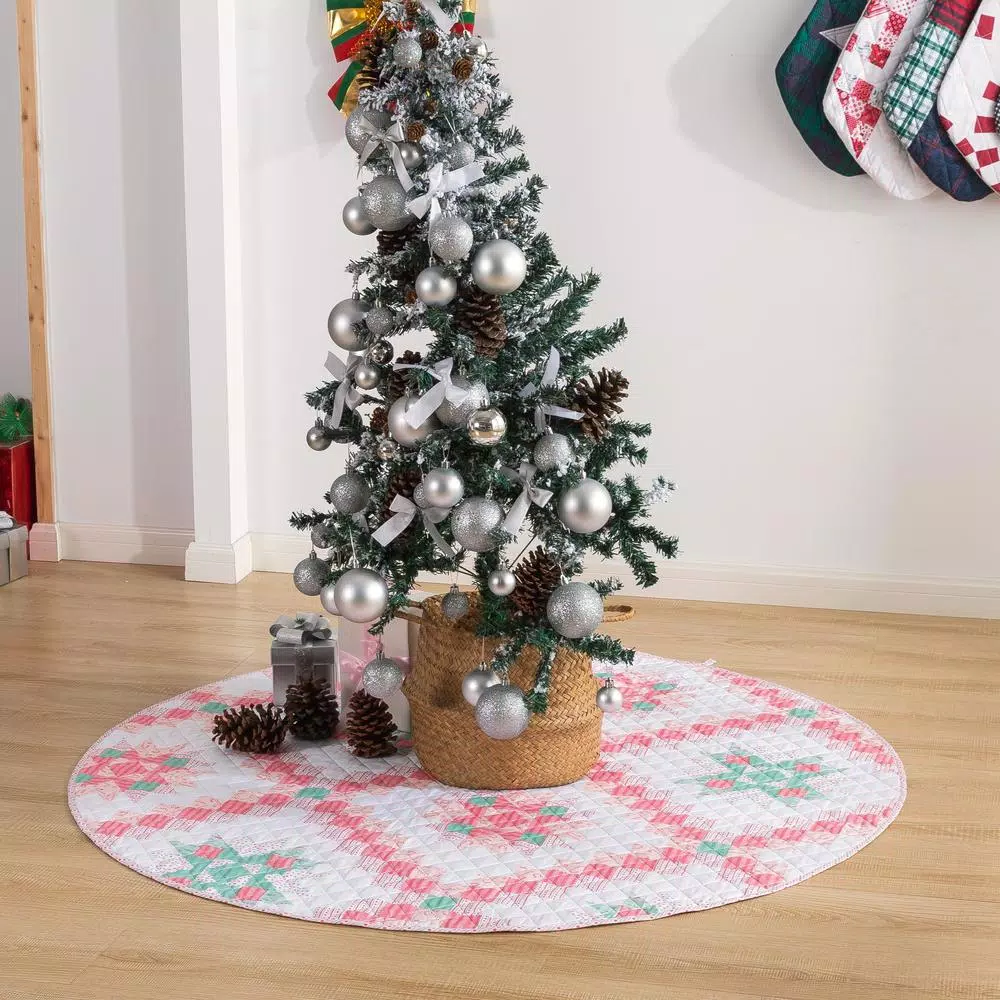 Country Living 48 in. Retro Star Quilted Tree Skirt, Reversible Blush Pink Microfiber