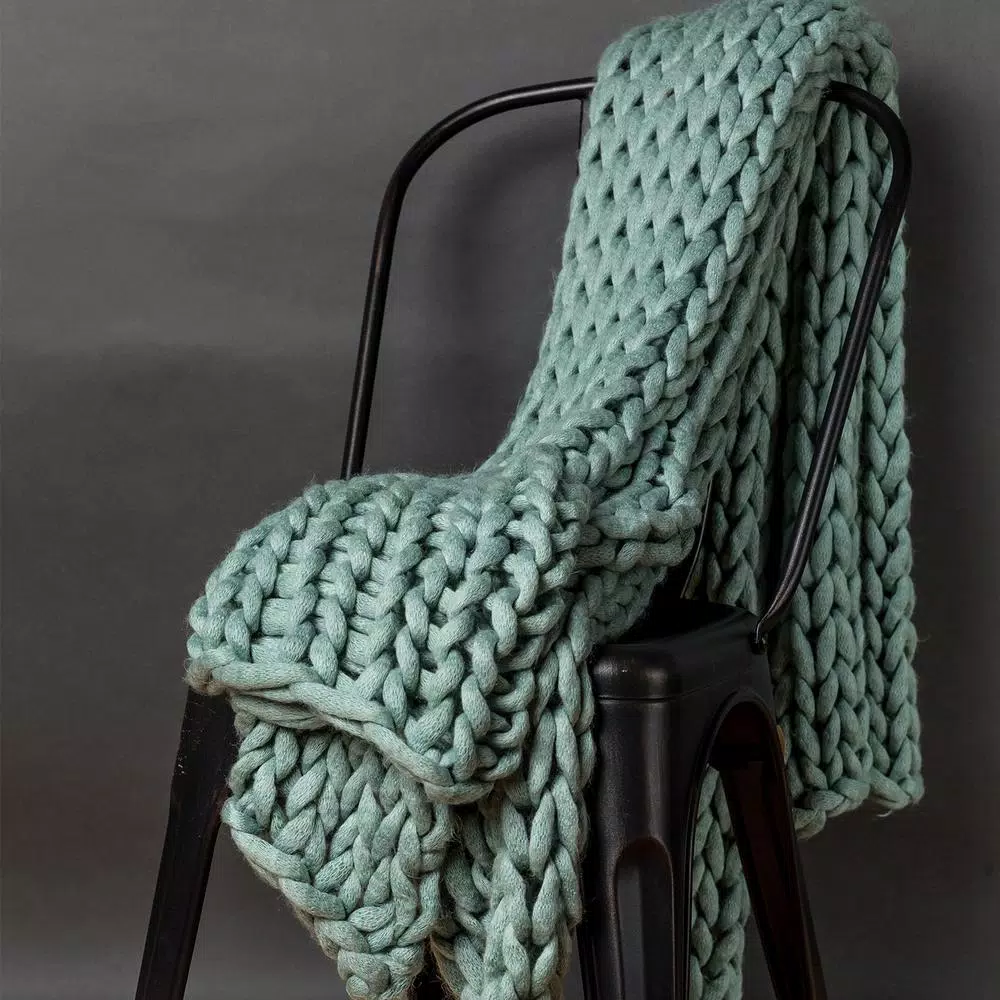 DONNA SHARP Aqua Acrylic Chunky Knitted Throw Blanket, Modern Solid Blue Decor