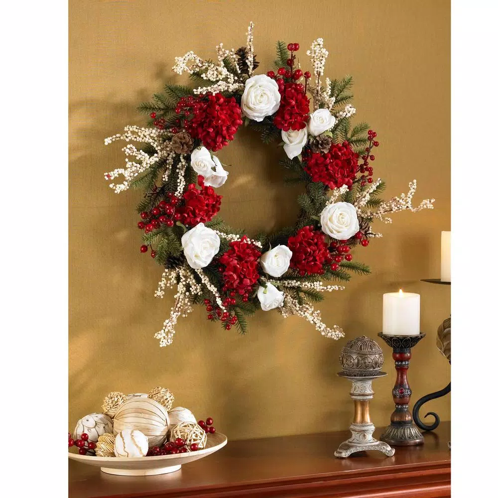 Nearly Natural 24in. Artificial Hydrangea and White Rose Wreath with Berries and Green Foliage