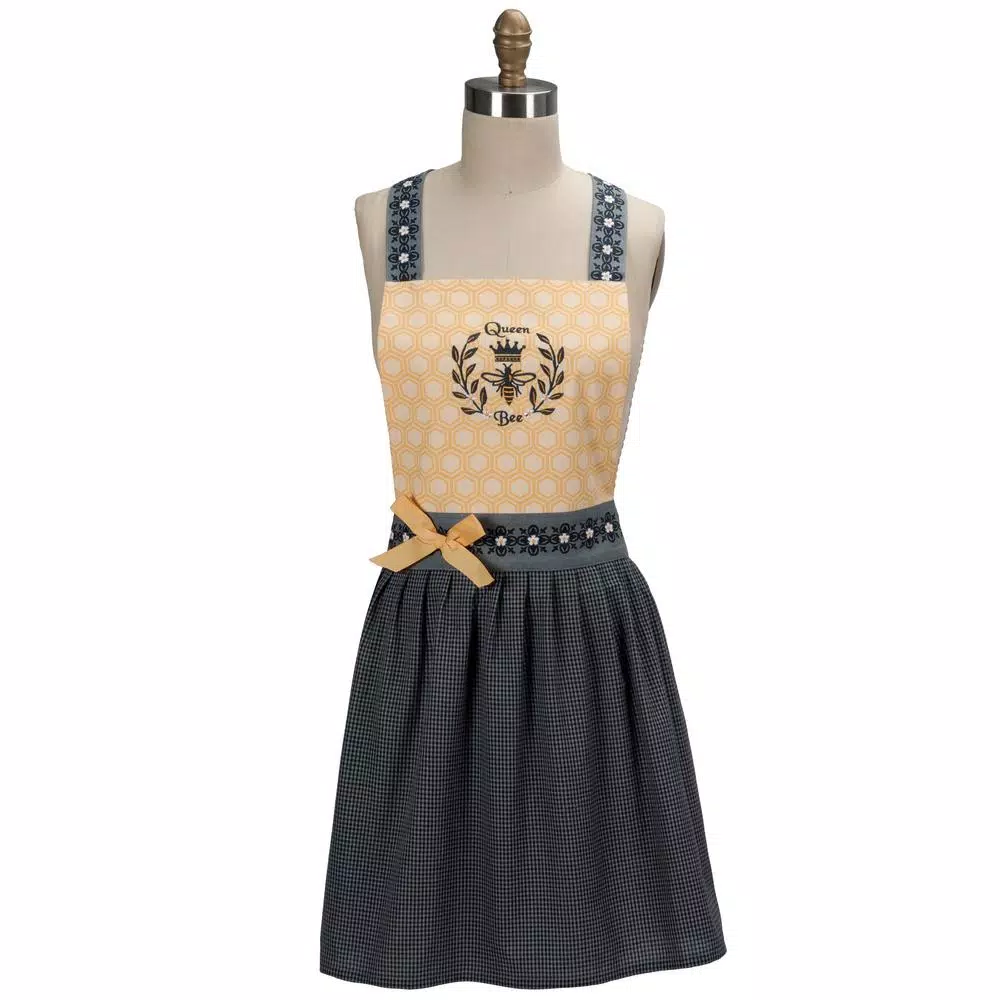 Kay Dee Queen Bee Yellow Cotton Hostess Apron with Honeycomb Bodice and Gingham Skirt