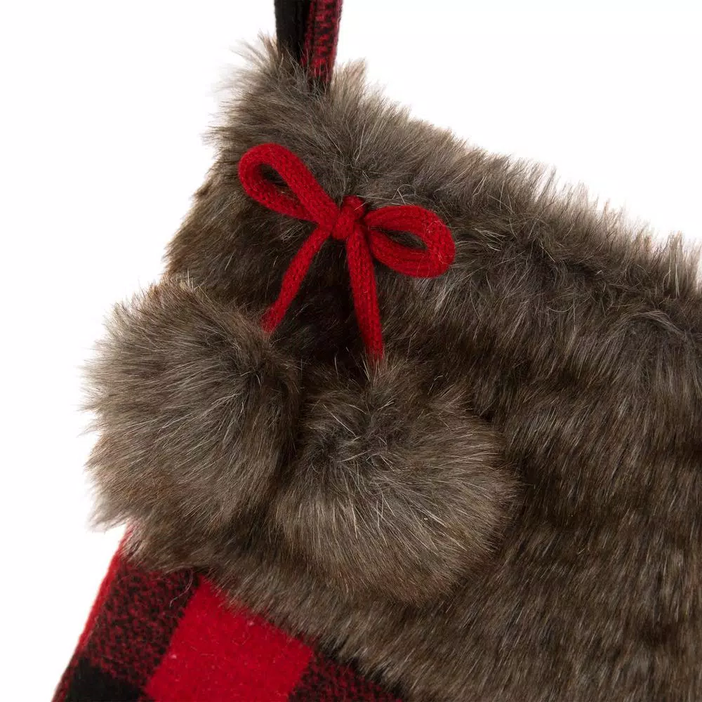 Glitzhome 21 in. Buffalo Plaid Christmas Stocking - Black and Red Polyester Fur