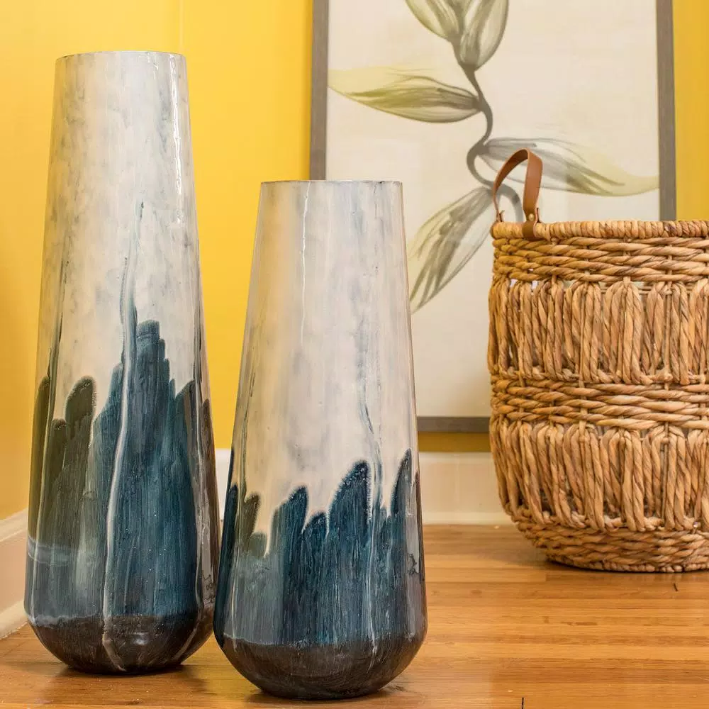 StyleCraft Azure Metal Table Vase - Transitional Blue and White Cylinder Decor