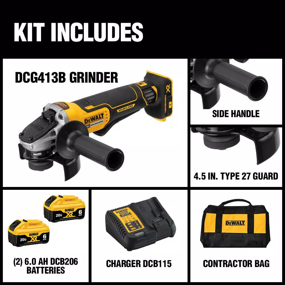 DEWALT 20V MAX XR Brushless 4-1/2 in. Paddle Switch Angle Grinder Kit with (2) 6.0Ah Batteries