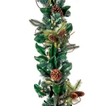 Village Lighting Company 9 ft. Pre-Lit LED Magnolia Leaf Garland with Pinecones and Warm White Lights thumbnail 1