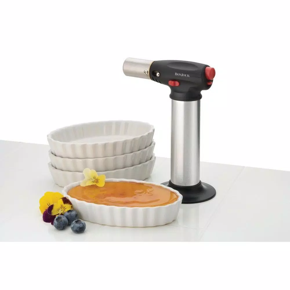 BonJour Creme Brulee Torch and Ramekin Set - 5 Piece Ceramic Oval Dish Set with Stainless Steel Torch