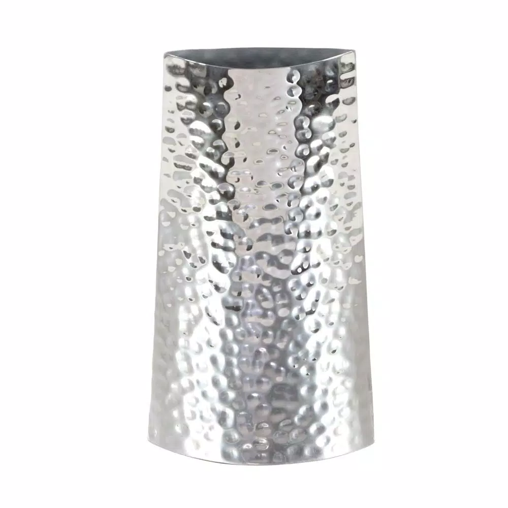 LITTON LANE Modern Reflections 14 in. Hammered Stainless Steel Bell-Shaped Vase, Silver