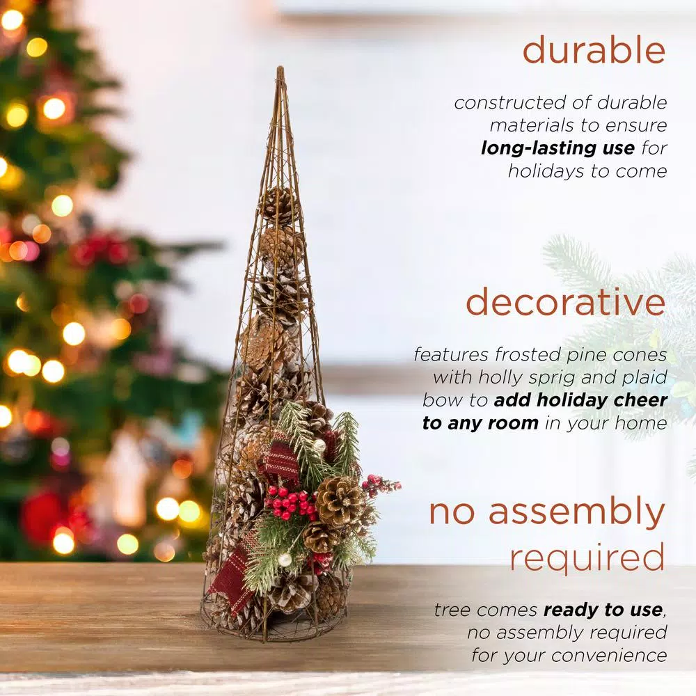 Alpine Corporation 20 in. Rustic Pinecone Christmas Tree Decor with Holly and Plaid Bow