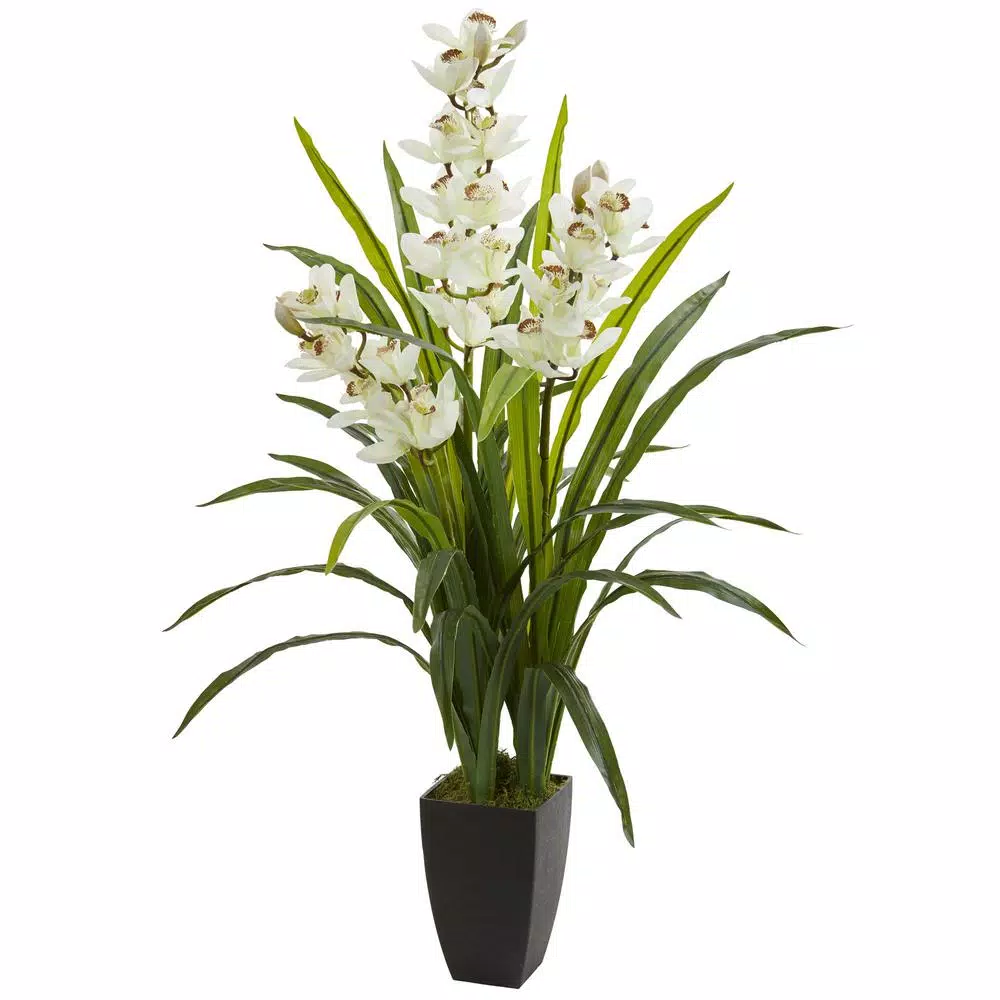 Nearly Natural 45 in. Artificial White Cymbidium Orchid Plant in Stone Pot