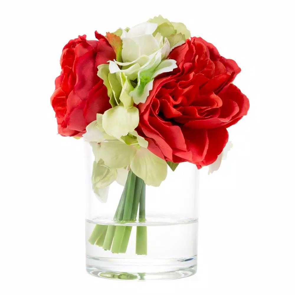 Pure Garden 6.5 in. Red Hydrangea and Rose Artificial Floral Arrangement in Glass Vase