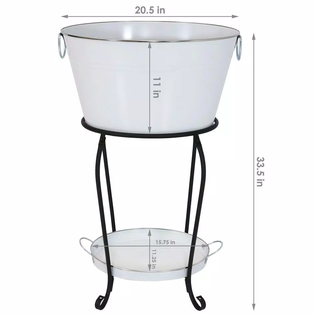 Sunnydaze Decor Sunnydaze 7.5 Gallon White Galvanized Steel Ice Bucket Beverage Holder with Stand and Tray