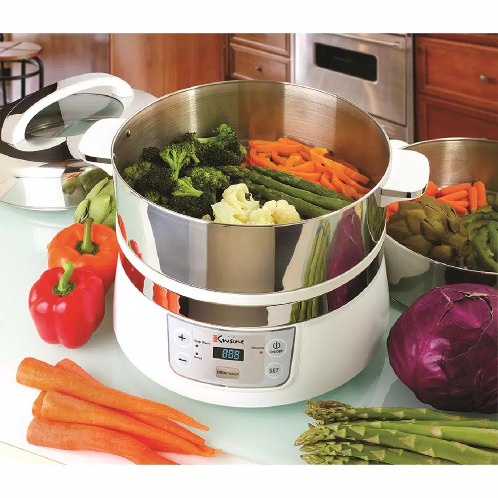 Euro Cuisine 16.9 Qt. 2-Tier Stainless Steel Electric Food Steamer and Rice Cooker with LCD Timer