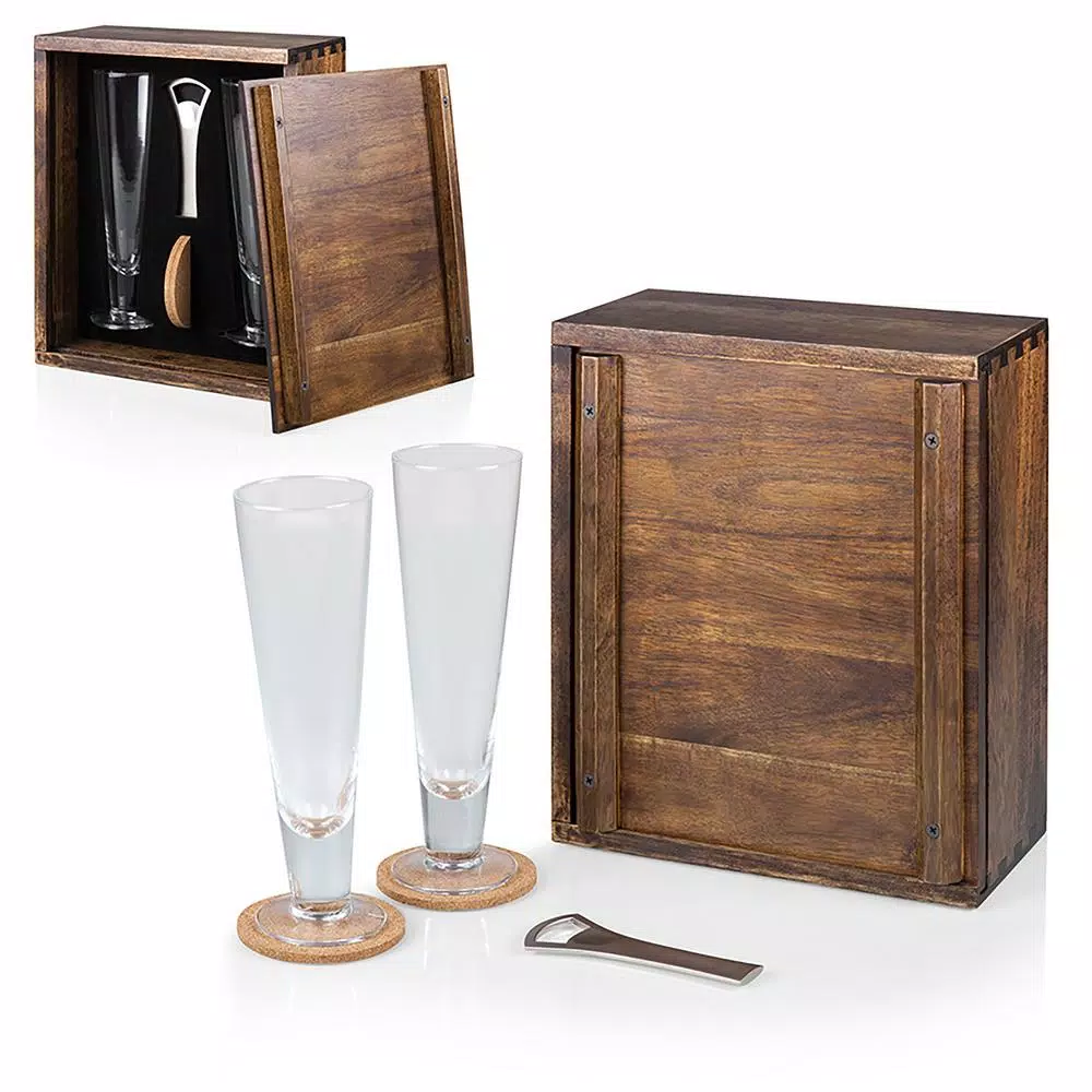Legacy Pilsner Beer Gift Set with Acacia Wood Case, 2 Glasses, Cork Coasters, and Bottle Opener