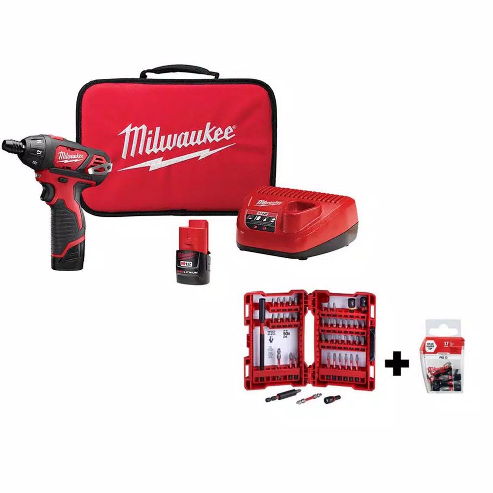 Milwaukee M12 12V Lithium-Ion Cordless 1/4 in. Hex Screwdriver Kit with 62-Piece SHOCKWAVE Bit Set