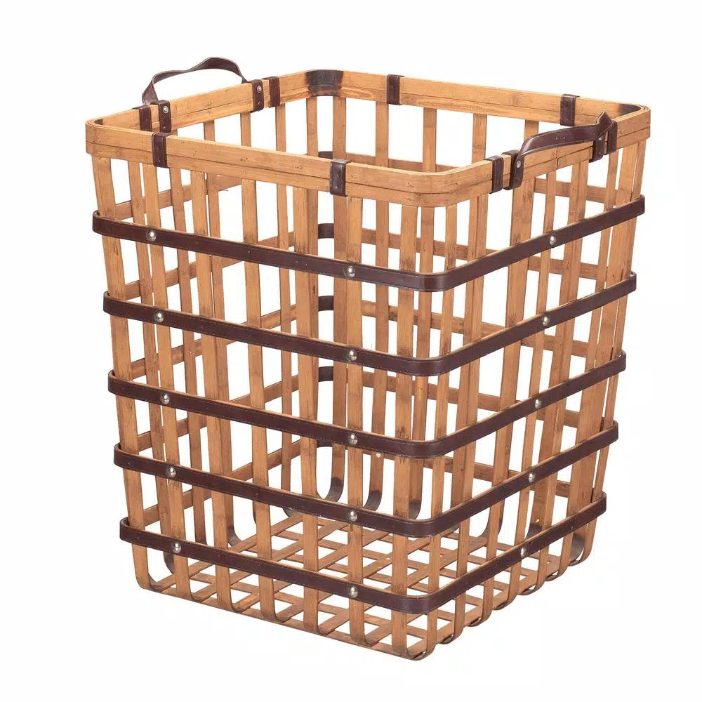 Home Decorators Collection Square Natural Bamboo and Leather Decorative Storage Basket