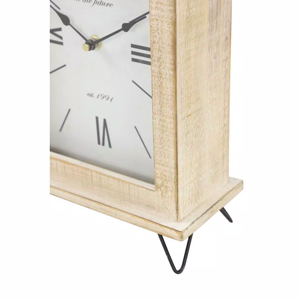 LITTON LANE Farmhouse Rectangular Whitewashed Beige Wooden Table Clock with Roman Numerals