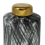 Benjara Black and White Ceramic Lidded Ginger Jar with Criss Cross Pattern and Gold Lid thumbnail 3