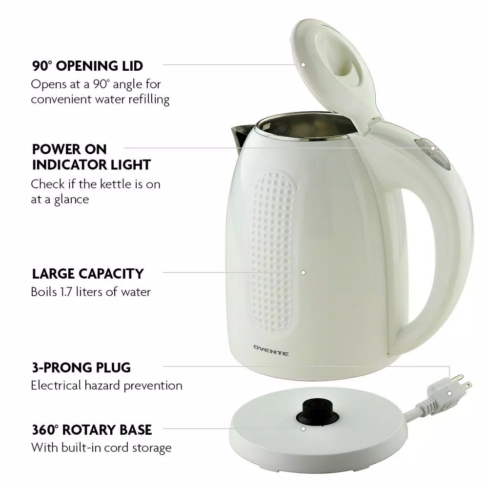 Ovente 1.7L Electric Kettle, White Stainless Steel BPA-Free Water Boiler with Auto Shut-Off