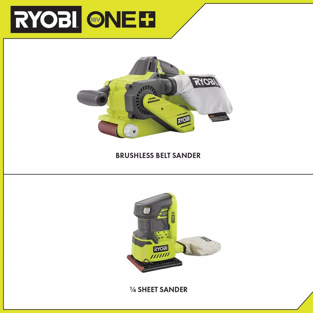 RYOBI 18V ONE+ Brushless Belt Sander and 1/4 Sheet Sander Combo Kit (Tools Only)