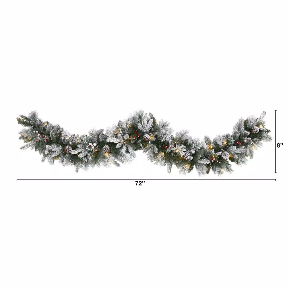 Nearly Natural 6 ft. Pre-lit Flocked Mixed Pine Artificial Christmas Garland with 50 LED Lights