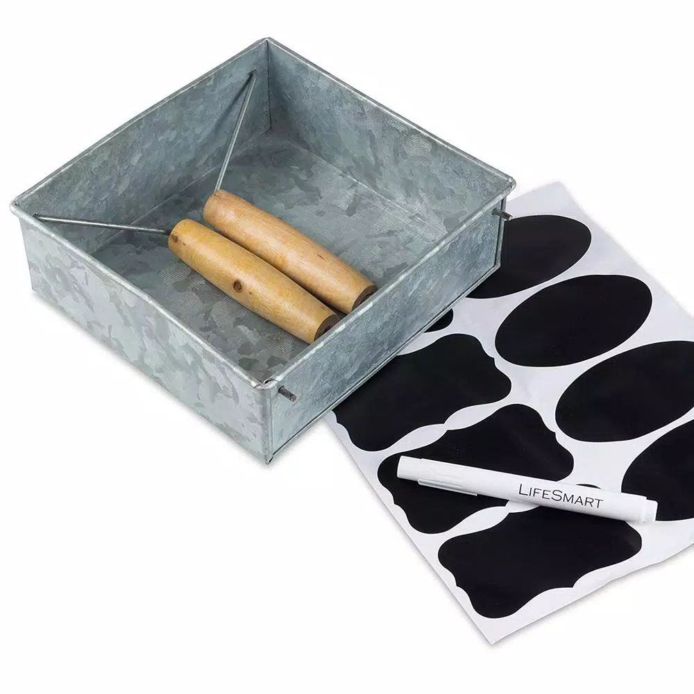 Benzara Galvanized Steel Napkin Holder with Wooden Handles, Rustic Gray Tabletop Decor