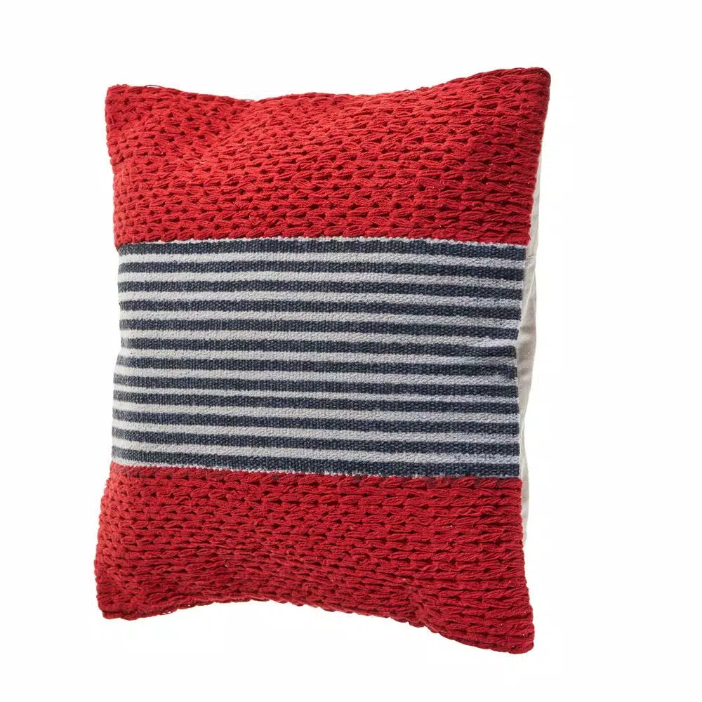 LR Home Bright Red Striped Throw Pillow, 20 in. x 20 in. Textured Cotton Accent Pillow