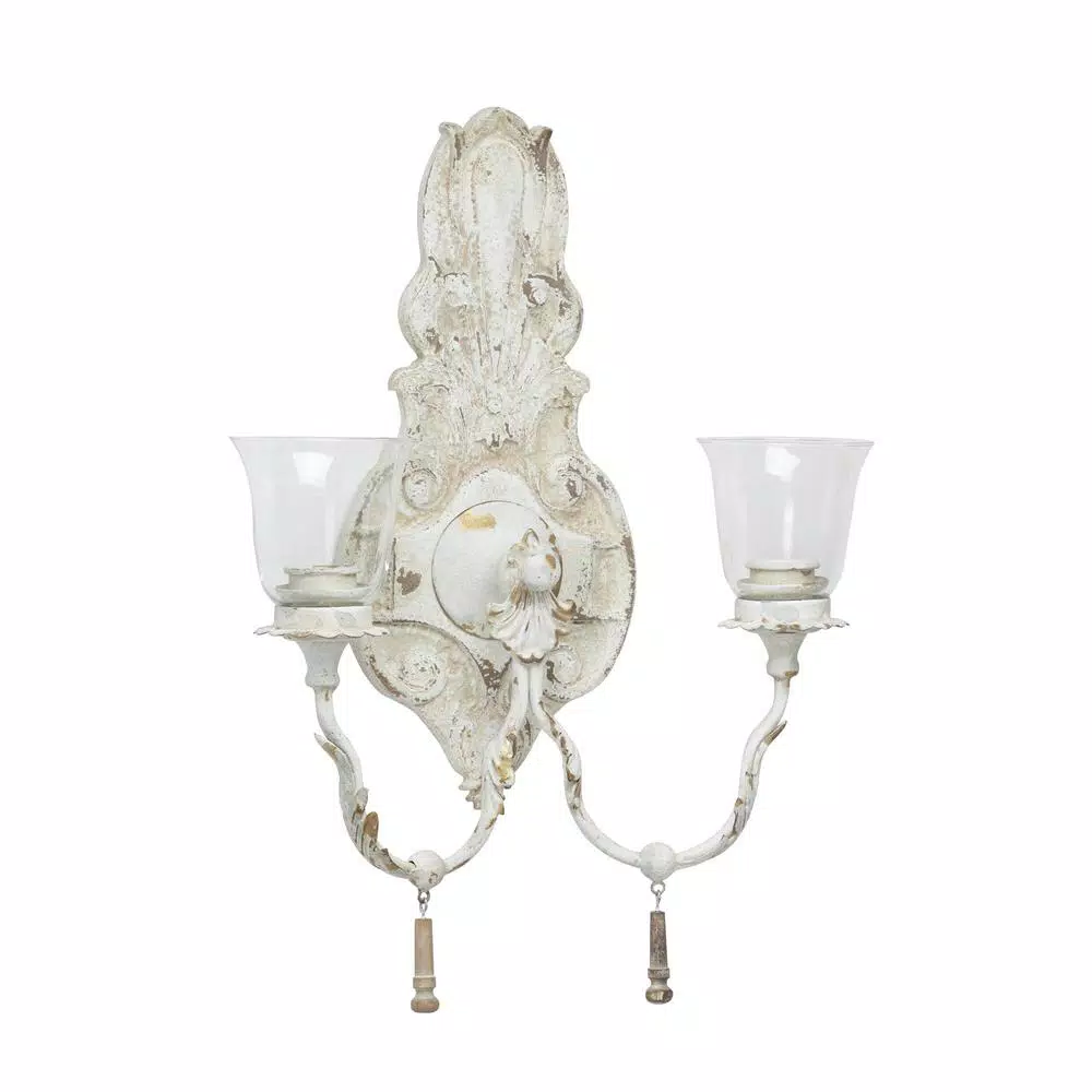 LITTON LANE Distressed White 2-Light Candle Sconce with Acanthus Carvings and Wood Bead Accents