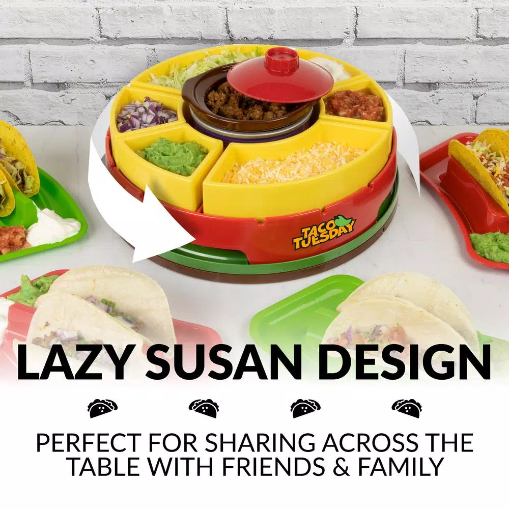 TACO TUESDAY Red Lazy Susan Taco Bar with 16 oz. Removable Warming Pot and 4 Taco Holders