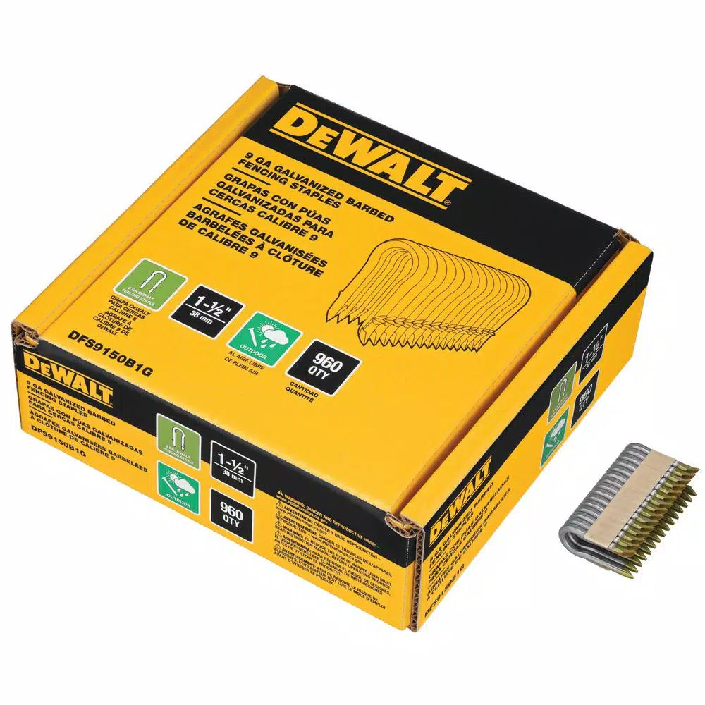 DEWALT 1.5 in. 9-Gauge Galvanized Barbed Paper Tape Fencing Staples, 960 Count