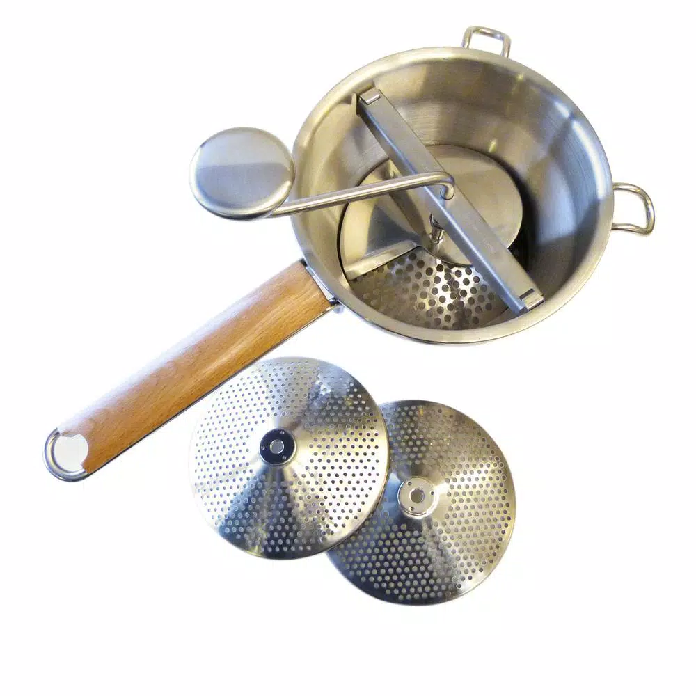 RSVP International Endurance Stainless Steel Food Mill with 3 Interchangeable Disks and Beech Wood Handle