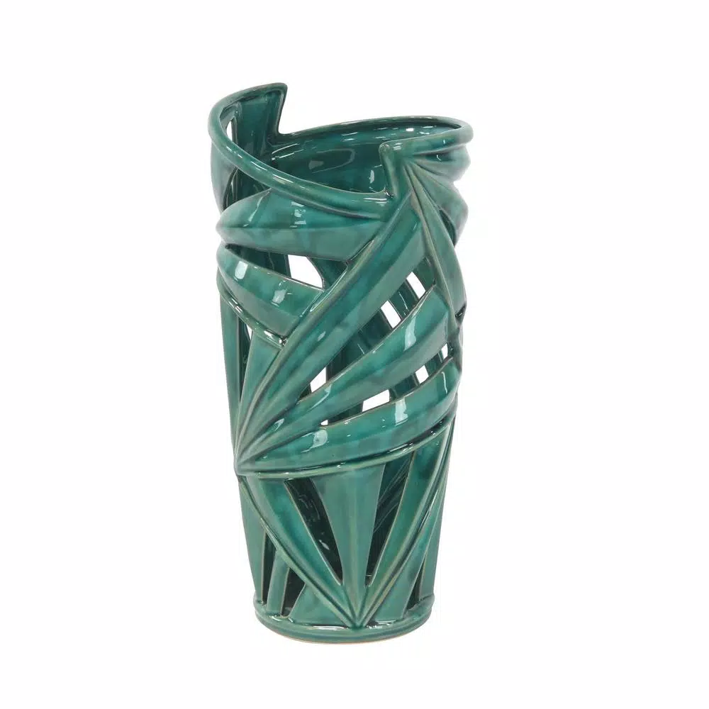CosmoLiving by Cosmopolitan 16 in. Emerald Green Ceramic Palm Leaf Decorative Vase - Modern Coastal Stoneware