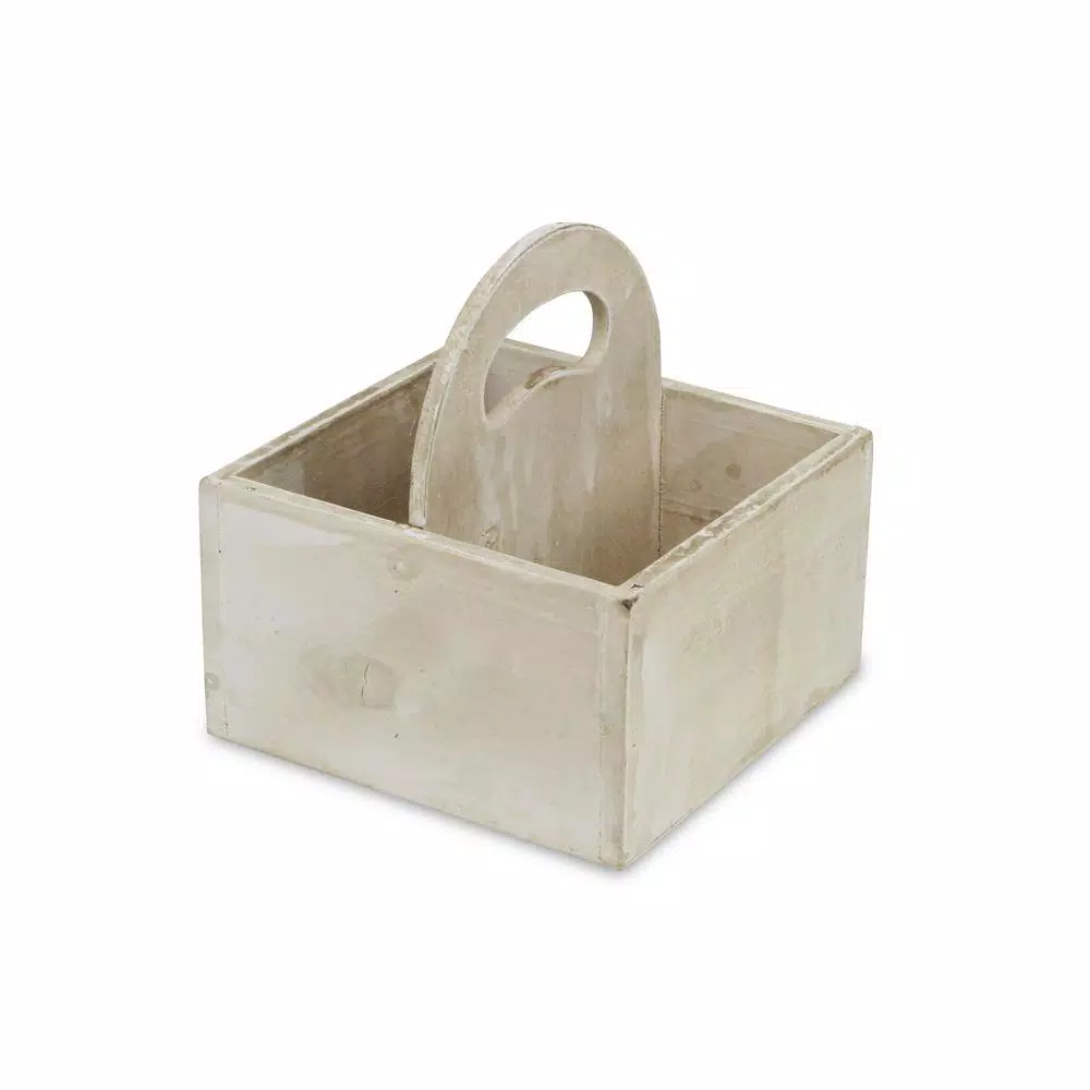Cheungs White Wooden Square Caddy - Rustic Farmhouse Decorative Tray with Handle