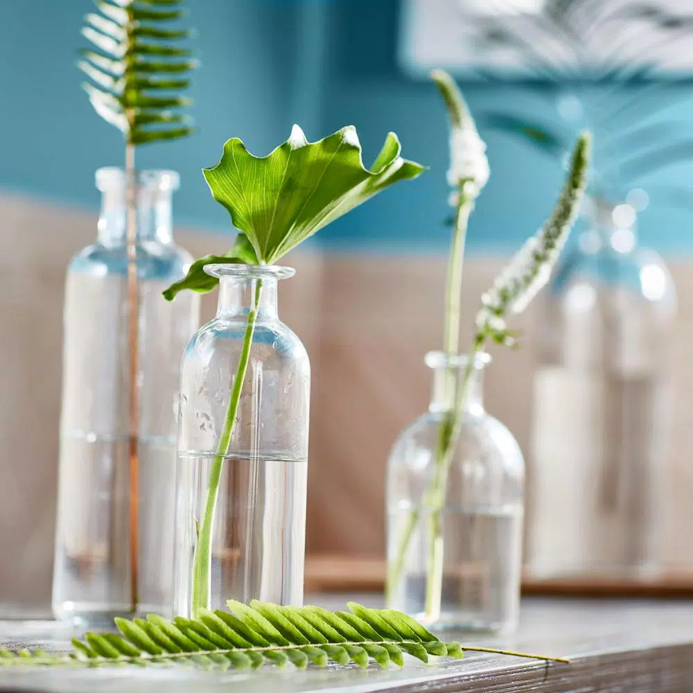 3R Studios 6-Piece Glass Bottle Vase Set with Wood Tray - Farmhouse Style Decorative Centerpiece